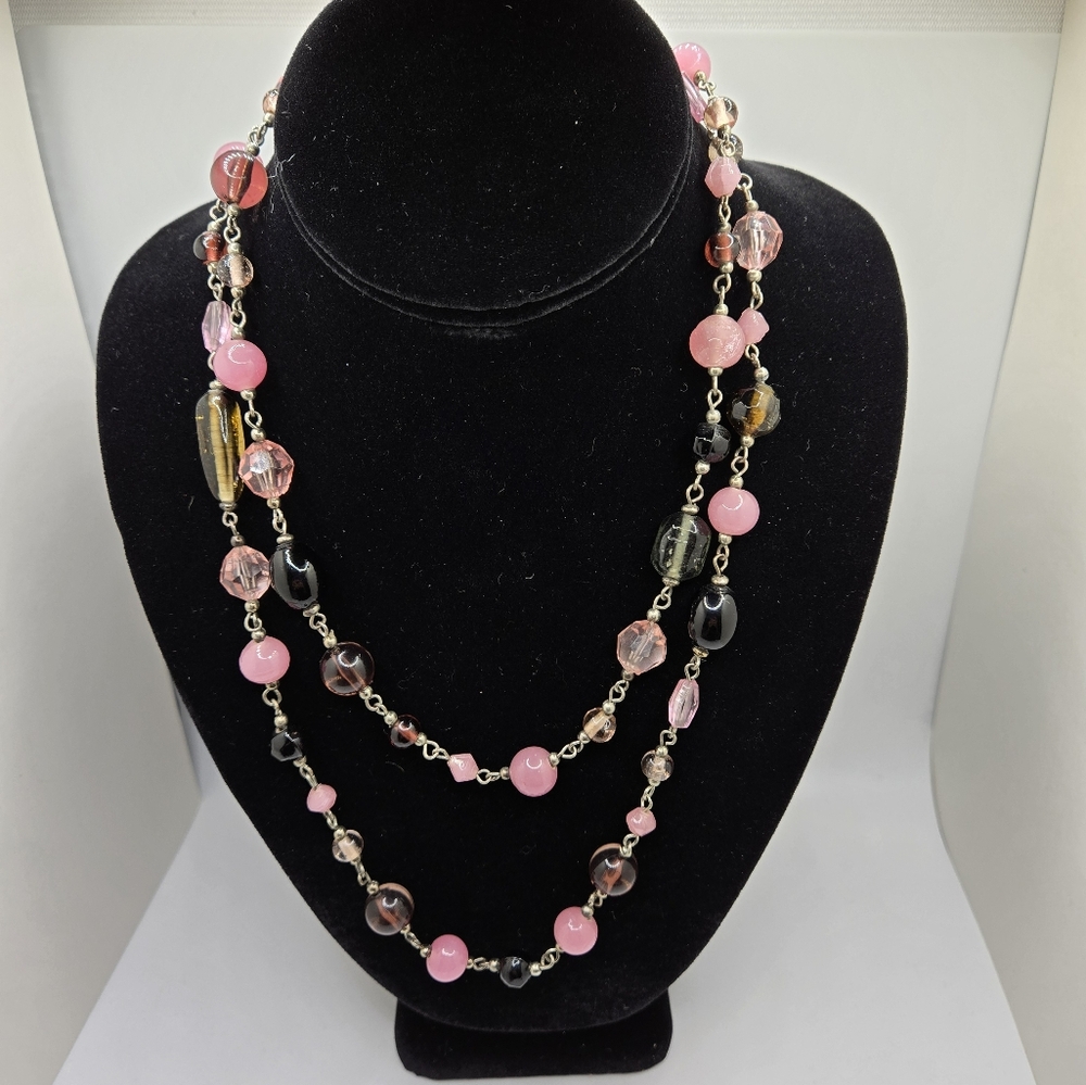 🌞 Glass Bead Necklace in Pink, Black, Cranberry, More Silver Tone Chain Between